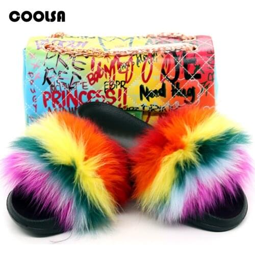 Fluffy Fur Slippers and Purse Set Real Fox Fur Slides Rainbow Jelly Handbags Women Furry Slides Girls Plush Shoes Shoulder Bags
