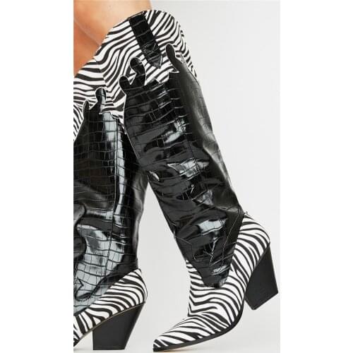 New Fashion Crocodile Pattern Cowboy Boots 2020 Pointed Toe Zebra Slouchy Knee High Boots Western Chunky Heels Winter Shoes 44
