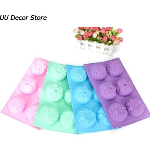6 Hole DIY Silicone Art Handmade Soap Round Flower Shape Candle Cake Baking Mold