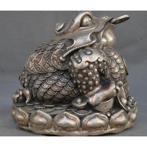Old China silver Feng Shui auspicious wealth Golden Toad hoptoad spittor statue