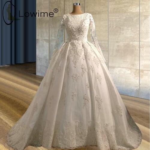 Vintage Ivory Muslim Long Sleeve Wedding Dresses O Neck Beads Crystal A Line Ruched Bridal Gowns