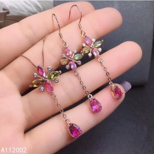 KJJEAXCMY fine jewelry natural Tourmaline 925 sterling silver women pendant necklace earrings set support test luxury