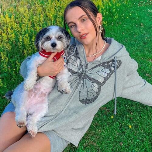 Long Sleeve Hooded Sweater Womens Long Zipper Jacket Autumn Butterfly Hot Rhinestone Print Fashion Large Size Hooded Girl