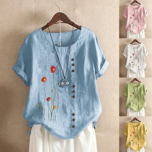 Women Summer Casual Embroidery Floral Loose T-shirt Elegant Round Neck Cotton Short Sleeve Blouse Button Tops M-5XL