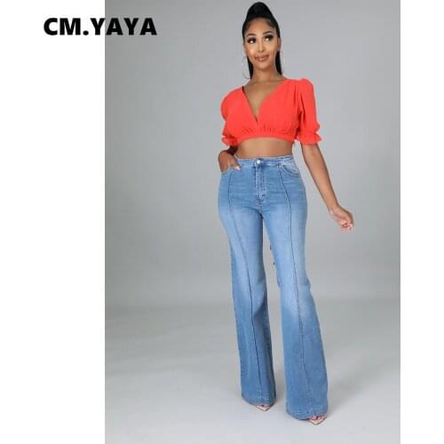 CM.YAYA Women Jeans Solid Pockets Zipper Mid Waist Skinny Flare Denim Pants Fashion High Streetwear Summer Trousers 2021