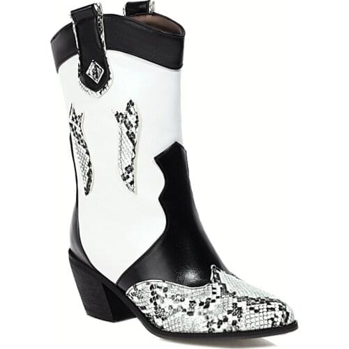 Women Winter Snakeskin Pattern Boots Pointed Toe High Heels Sexy Ladies Shoes Autumn Female Mid-Calf Boots Non-Slip Sole 2020