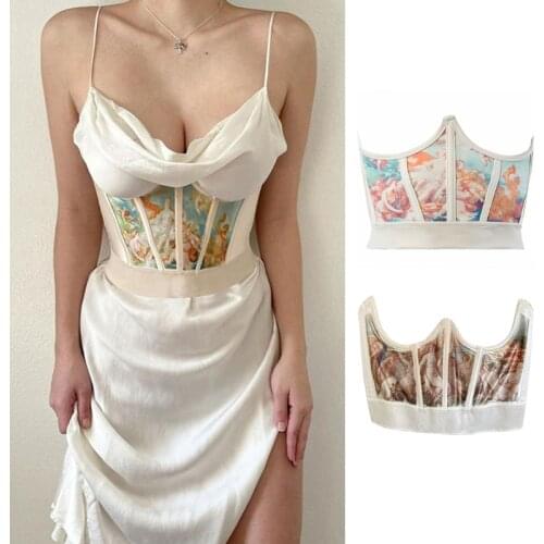 Women Vintage Angel Print Corset Wrap Girdle Boned Waist Shaper Underbust Bustier Cincher Elastic Slim Belt Shapewear