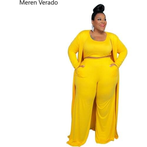Meren Verado Plus Size Casual Pant Set 3 Piece Sets Women Crop Vest+Pockets Wide Leg Pants+Long Trench Coat Solid Suits