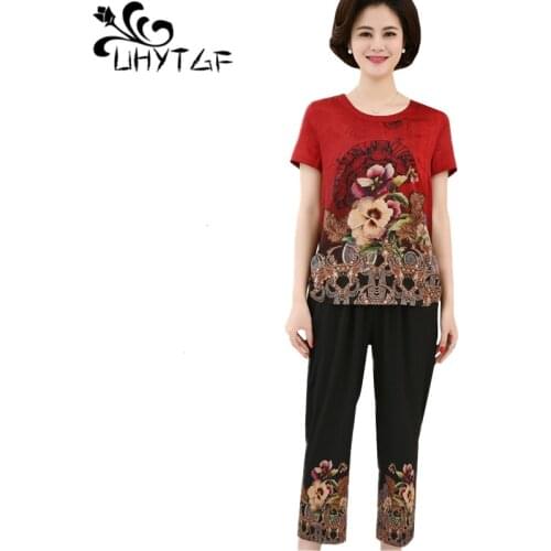 UHYTGF tracksuits wives fashion womens summer two piece set short sleeve printed t-shirt top thin suits plus size tracksuit 1150