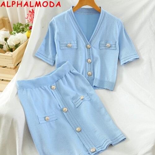 ALPHALMODA Knitted V-neck Cardigan Short Jumper High Waist Slim Skirt 2pcs Set Women Summer ButtonTrim Fashion 2pcs Suit