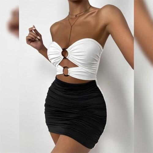 Women Strapless Contrast Color Mini Dress Fashion Sexy Sleeveless Sweetheart Neck Hollow Out High Waist Pleated Dress