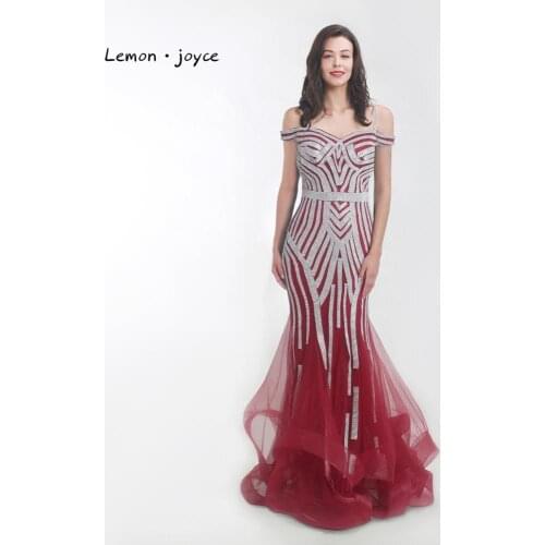 Lemon joyce Wine Red Evening Dresses Long 2020 Boat Neck Crystal Diamonds Mermaid Evening Party Gowns robe de soiree