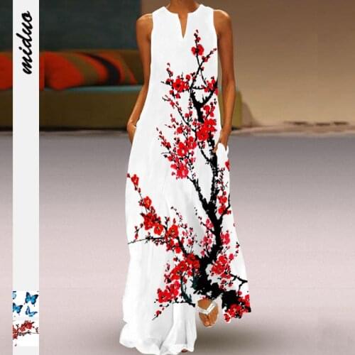 Womens Boho Vintage Maxi Dress Flower Butterfly Print V-neck Loose A-line Casual Dresses Sleeveless Summer Ladies Long Dresses