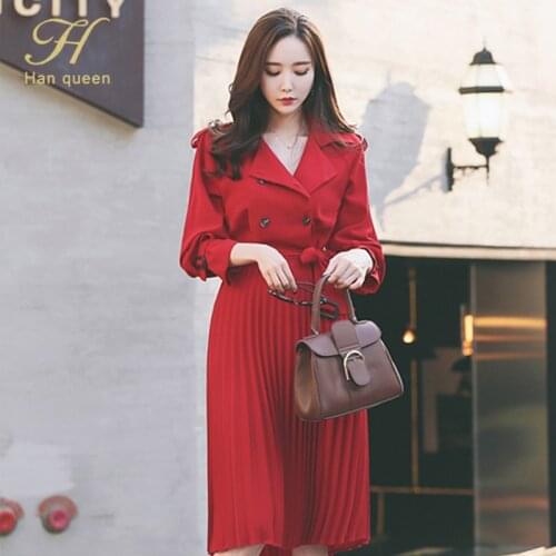 H Han Queen 2021 New Vintage Pleated Dress Womens Autumn Fashion Korean Slim Work Party Dresses Double Breasted A-Line Vestidos