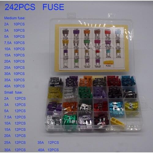 242PCS Car Fuses 2A 3A 5A 7.5A 10A 15A 20A 25A 30A 35A 40A Amp with Box Clip Assortment Auto Blade Type Fuse Set Truck