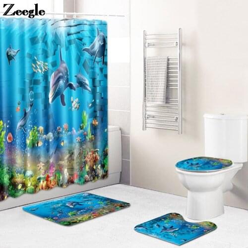 4Pcs Dolphin Pattern Bath Mat and Shower Curtain Set Toilet Cover Bath Rug Foot Non Slip Bathroom Carpet Shower Room Foot Mat