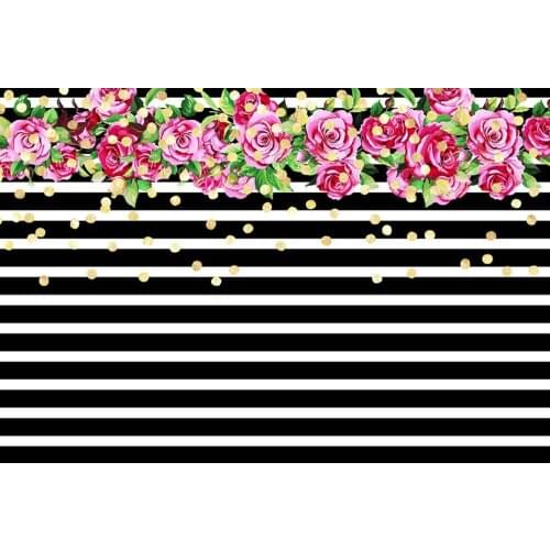 Black And White Striped Gold Polka Dots Rose Flowers leaves backdrop Vinyl cloth Computer print wedding background