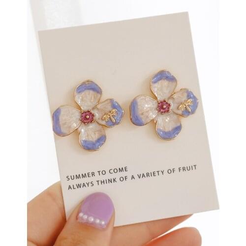 French Retro Drop Oil Lavender Flower Ear Clips Metal Enamel Purple Flower Earrings Ins Clip on Earrings No Piercing for Women