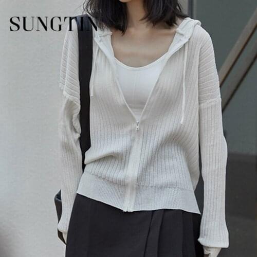 Sungtin thin Knitted Hooded Cardigan Women Korea Fashion Loose Cropped Sweater Coat Green Casual Soft Female Jumpers Summer