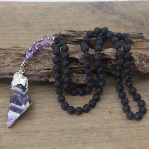 8mm Black Lava Stone Round Beads Mala Necklace Raw Amethysts Quartz Pendant Knotted Handmade Yoga Prayer Jewelry Dropship,QC0102