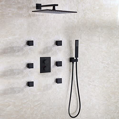 Matte Frosted Black Thermostatic Bathroom Shower Faucet Set with 12 Inch Rain Shower Head Brass Hand Shower Included