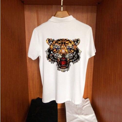Classic Mens Hot Sale Asian Plus Size Short Sleeve Polo Shirt Diamond Casual Cotton 100% Exaggerated Tiger Head Pattern