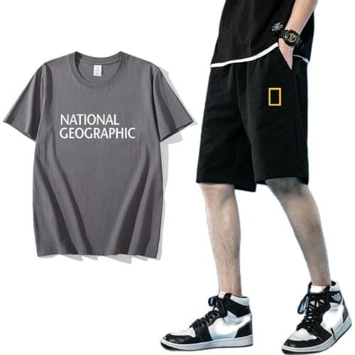 2021 Summer New National Geographic Indication Mens Sports T-shirt + Shorts High-quality 100% Cotton Jogging Mens Sports Suit