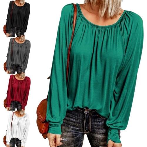 Solid Color Women Blouse Lady Shirts Sexy Long Sleeve O-Neck Blouses for Women Pleated Loose Pullover Tops Shirts femme Blousas