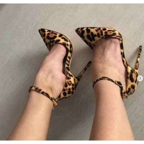 Sexy Leopard Heels Women Pumps Shoes Pointed Toe Ankle Strap Stiletto Heel Banquet Dress Shoes 12CM Cut-out Fashion Pumps