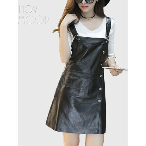 Korean style genuine leather real lambskin strap pinafore dress spring autumn women black slim A-Line dress jurken robe LT2305