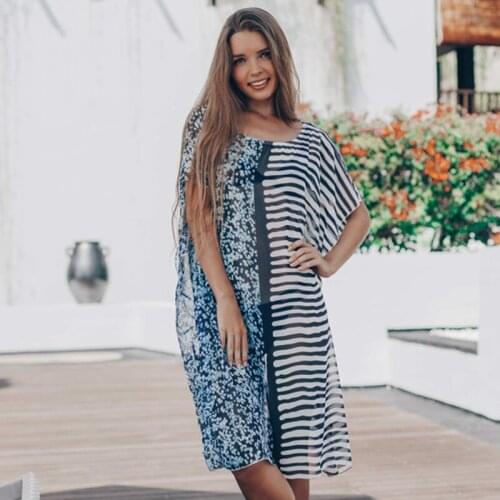 Beach Dress Cover Up New Women Multi Stripe Bat Sleeve Casual Fits True to Size Take Your Normal Size Bohemian Young Style