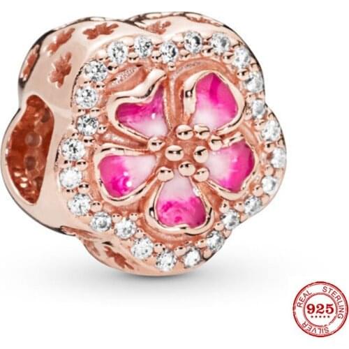 Fit Pandora Bracelet 925 Sterling Silver Pink Sparkling Peach Blossom Flower Charms Beads DIY Jewelry Making Berloques