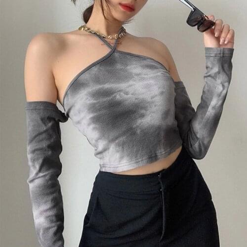 Halter Off Shoulder T-Shirts Women E Girl Long Sleeve Print Crochet Harajuku Y2K Aesthetic Grunge Slim Crop Tops Sexy Clubwear