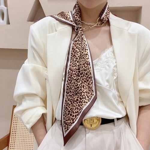 Thin Strip Small Ribbon Scarves Womens Style Leopard Print Double Layer Scarf Hair Binding Headband French Hair Binding Bag