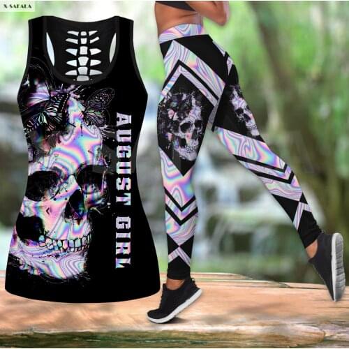 August Girl 3D Printed Women Two Piece Yoga Set Vest Hollow Combo Tank Top Legging Waist Sport Fitness Quick Dry E7