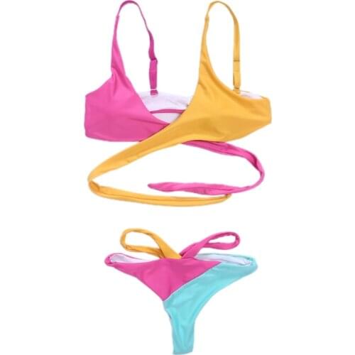 Women Sexy 2pcs Color Block Bikini Set Halter Bandage Cross Wrap Push Up Swimsuit Hollow Out High Waisted Bathing Suit