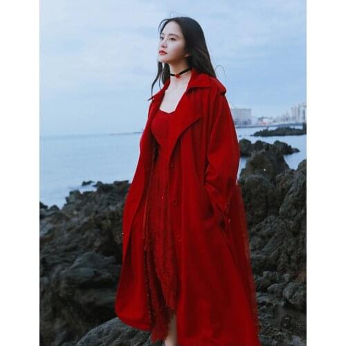 Women Abrigos Mujer Invierno 2020 Autumn Vintage Casual Loose Red Belted Trench Coat Cortaviento Mujer Windbreaker Ropa Mujer