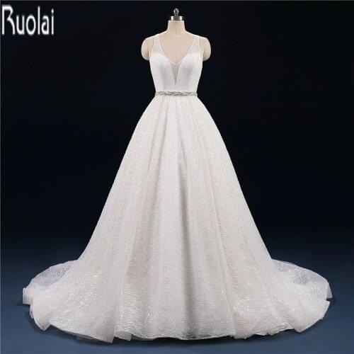 New Arrival Luxury 2017 Bling V-Neck Tulle Ball Gown Wedding Dresses Sweep Train Open Back Formal Long Bridal Gown Custom Made