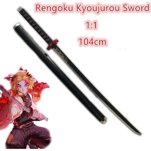 1:1 Demon Slayer Sword Weapon Cosplay Kimetsu no Yaiba Rengoku Kyoujurou Black Sowrd Fire Ninja Knife Prop Model Toy 104cm