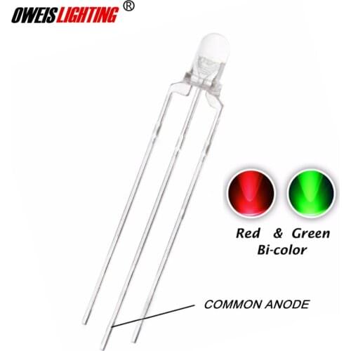 100pcs F3 3MM Bicolor LED RED + GREEN / RED + BLUE / BLUE + GREEN DIP-3 water clear COMMON ANODE lamps 20mA ROUND double colors