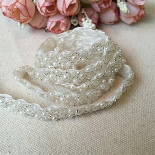 3 yard 1cm Ivory Pearl Beaded Handmade Lace Edge Trims Wedding Dress Belt Sash Ribbon Bridal Applique Fabric Sewing Craft DIY