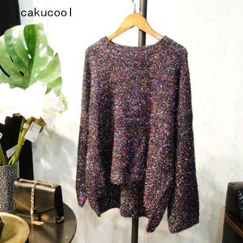 Cakucool Shinny Lurex Sweater Women Round Neck Front Short Back Long Jumper Casual Furry Jersy Mujer Vadim Knit Pull Femme