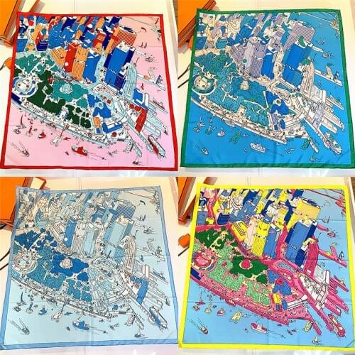 Designer Brand Luxury Women Prosperous City Architecture Ladies Twill Square Scarf Turban Shawl bohemian Beach Towel Scarves