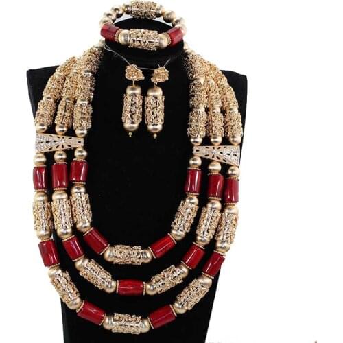 Fantastic Wine Red Natural Coral Beads Jewelry Set Nigerian Wedding Coral Statement Necklace Set Dubai Gold Jewelry CNR856