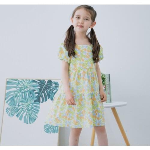 Hollead Summer Girls Puff Sleeve Dresses Flower Printing Cute Kids Party For Girls Princess Dress Lace-up Tops Baby Clothing