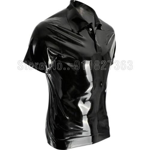 Classic 100% Handmade Latex Men Short Sleeves Lapel Blouse Shirt Uniform Clothes Male Maid Costume Tops Rubber Shirt