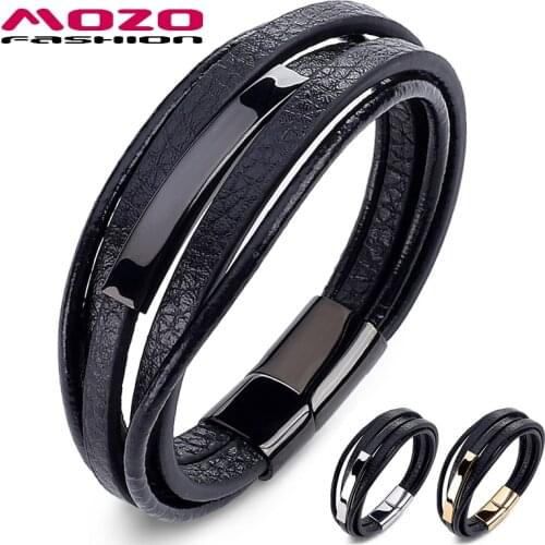 MOZO FASHION Men Charm Simple Classic Bracelets Multilayer Leather High Quality Stainless Steel Magnet Buckle Jewelry 032