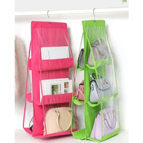 6 Pocket Hanging Handbag Organizer for Wardrobe Closet Transparent Storage Bag Door Wall Clear Sundry Shoe Bag with Hanger