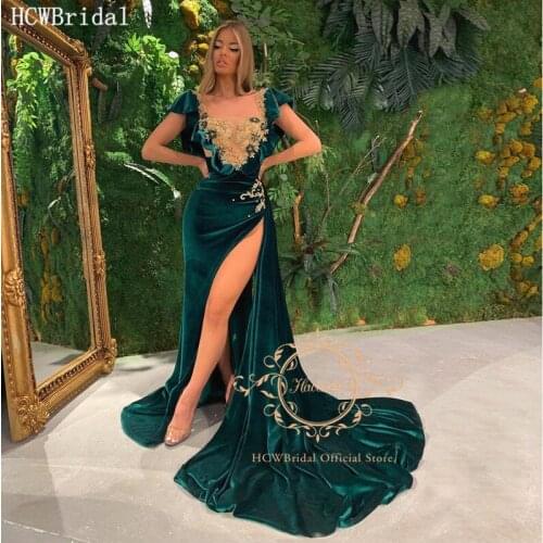 Stunning Green Mermaid Long Evening Dress Chic Crystal Velvet High Slit Sexy Women Pageant Dresses Customize Formal Prom Gowns