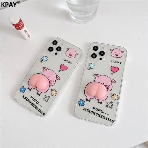 KPAY Transparent Cute Pig Phone Case For iPhone 11 12 Pro Max Mini 7 8 Plus XR X XS SE2020 Cartoo Squeeze Butt Soft Case Cover